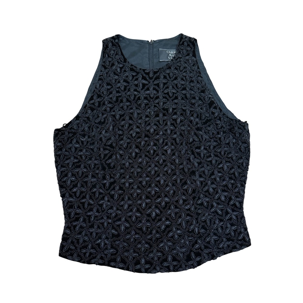 Carmen Marc Valvo Black Beaded Velvet Evening Top Sleeveless Sz 10 Party Cocktai - Picture 1 of 13